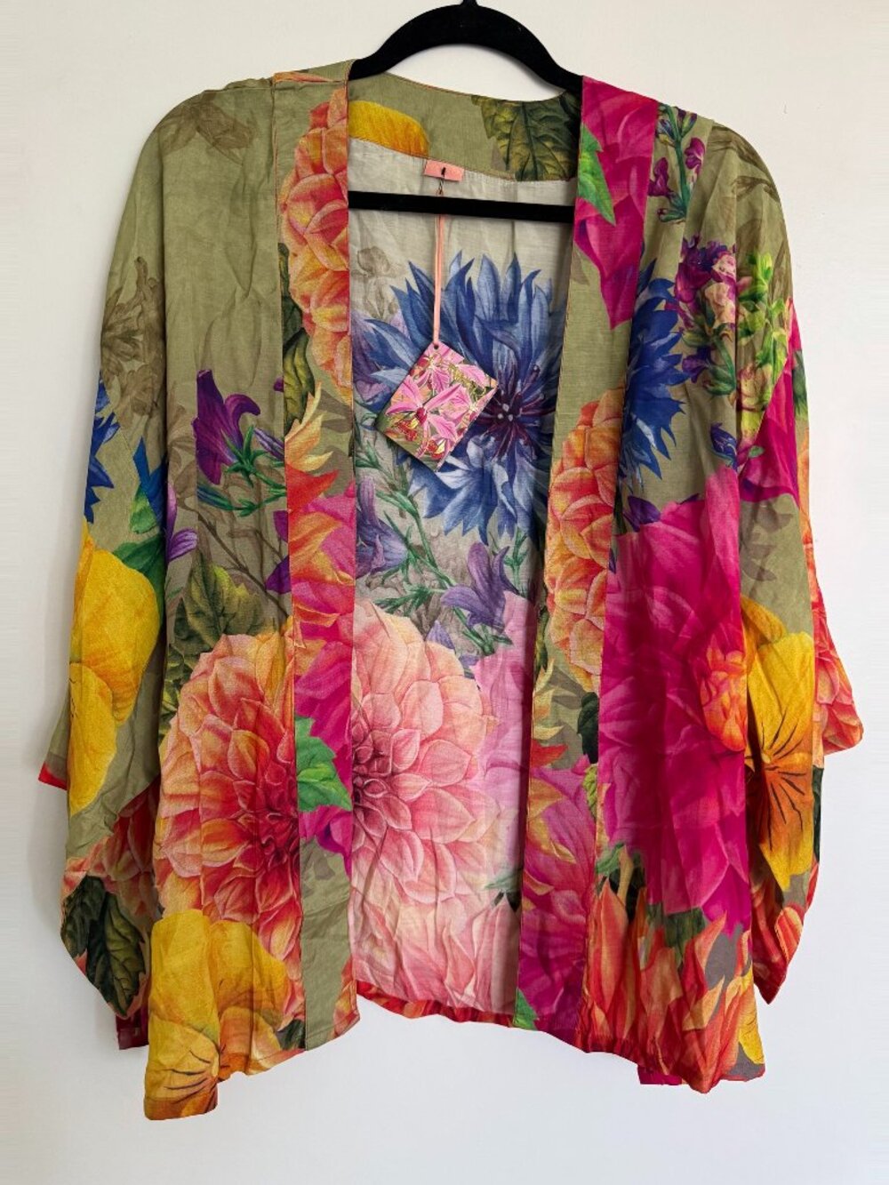 Powder Floral Kimono Jacket Dahlia Cornflower Pansy Print Sage Pink One Size NWT